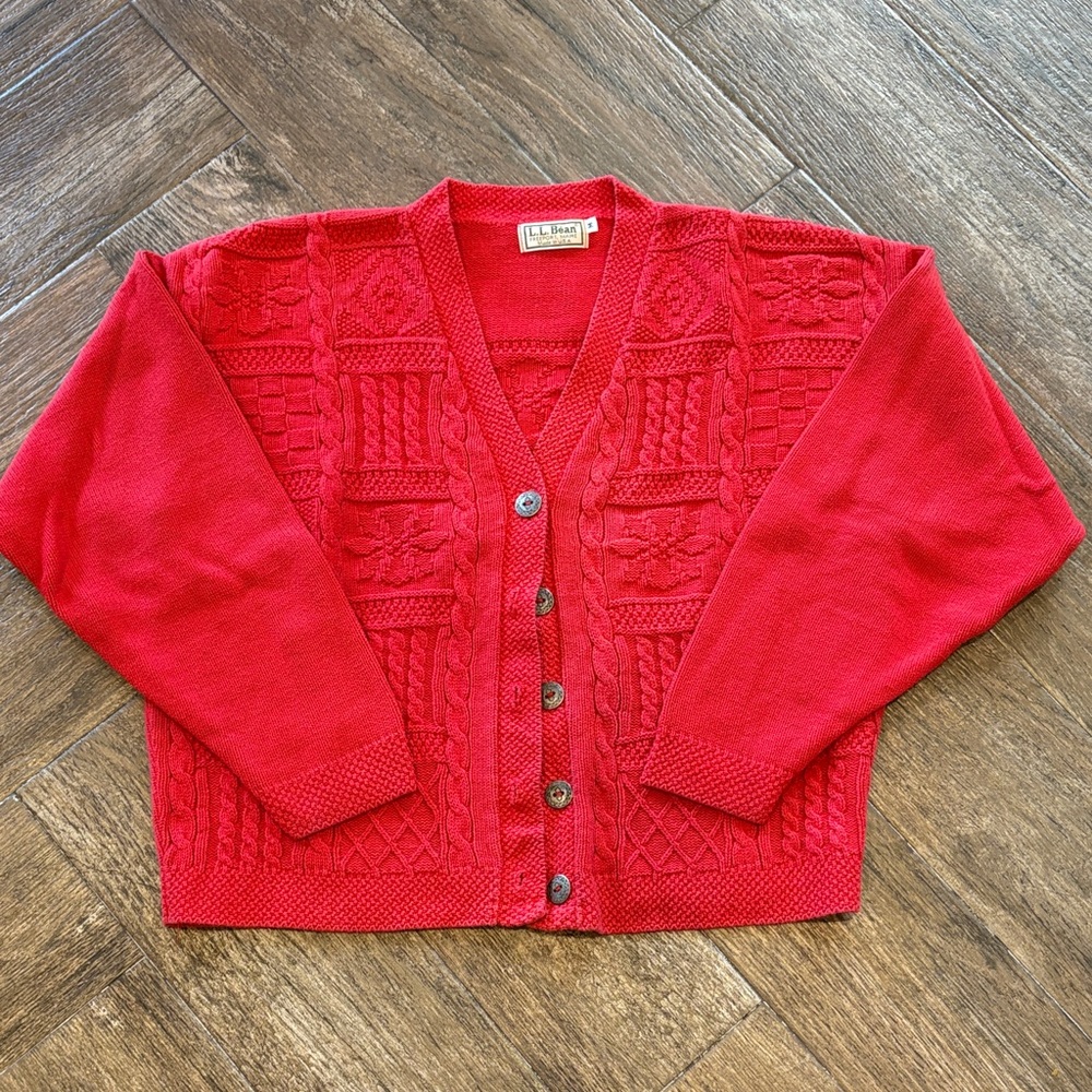 L.L. Bean Bright Red Cable Knit V-Neck Button Cardigan